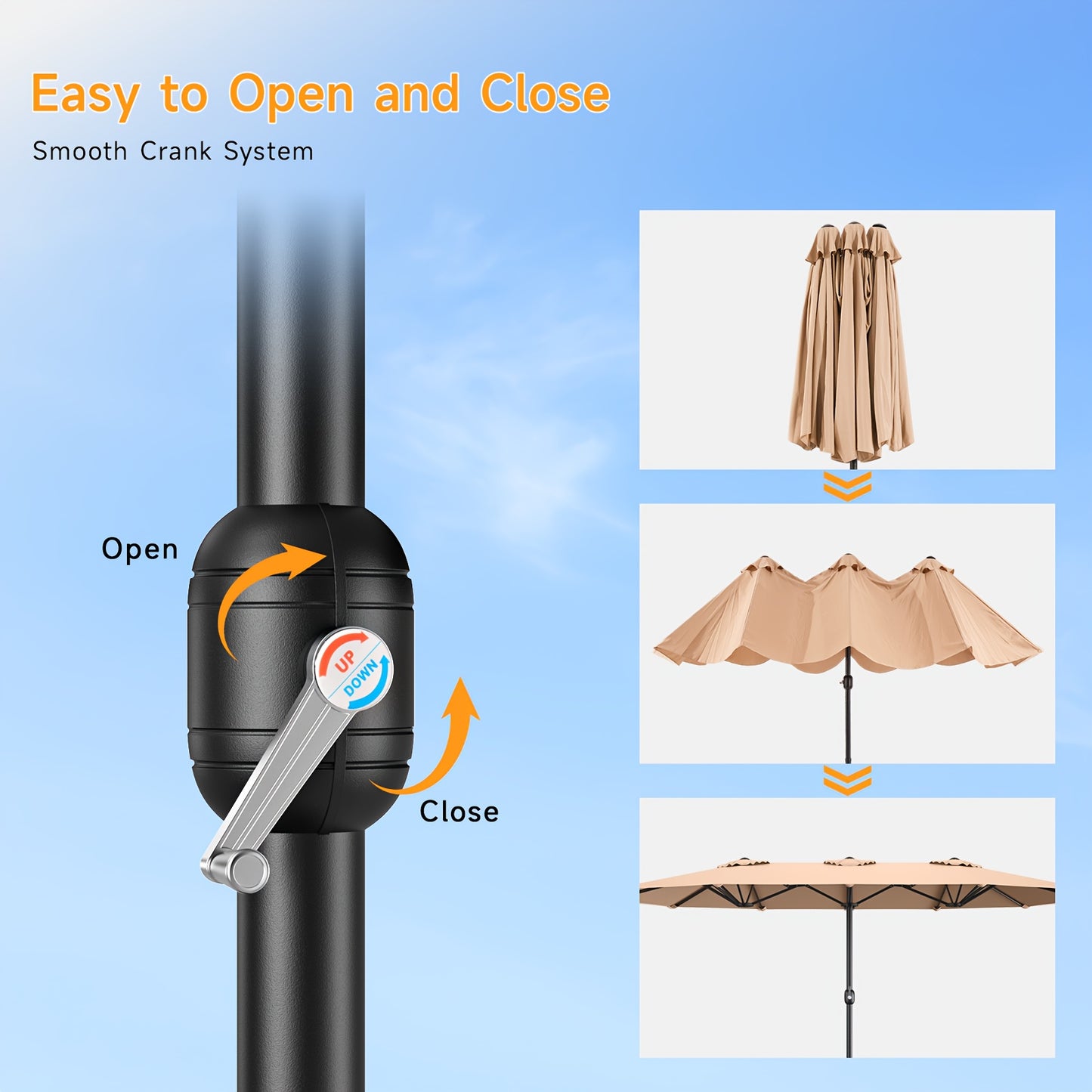 1pc 15ft Patio Umbrella With Base Included, Extra Large Shade Area, Double Sided Rectangle With Crank Handle For Poolside, Garden, Yard, Beige/Blue/Red