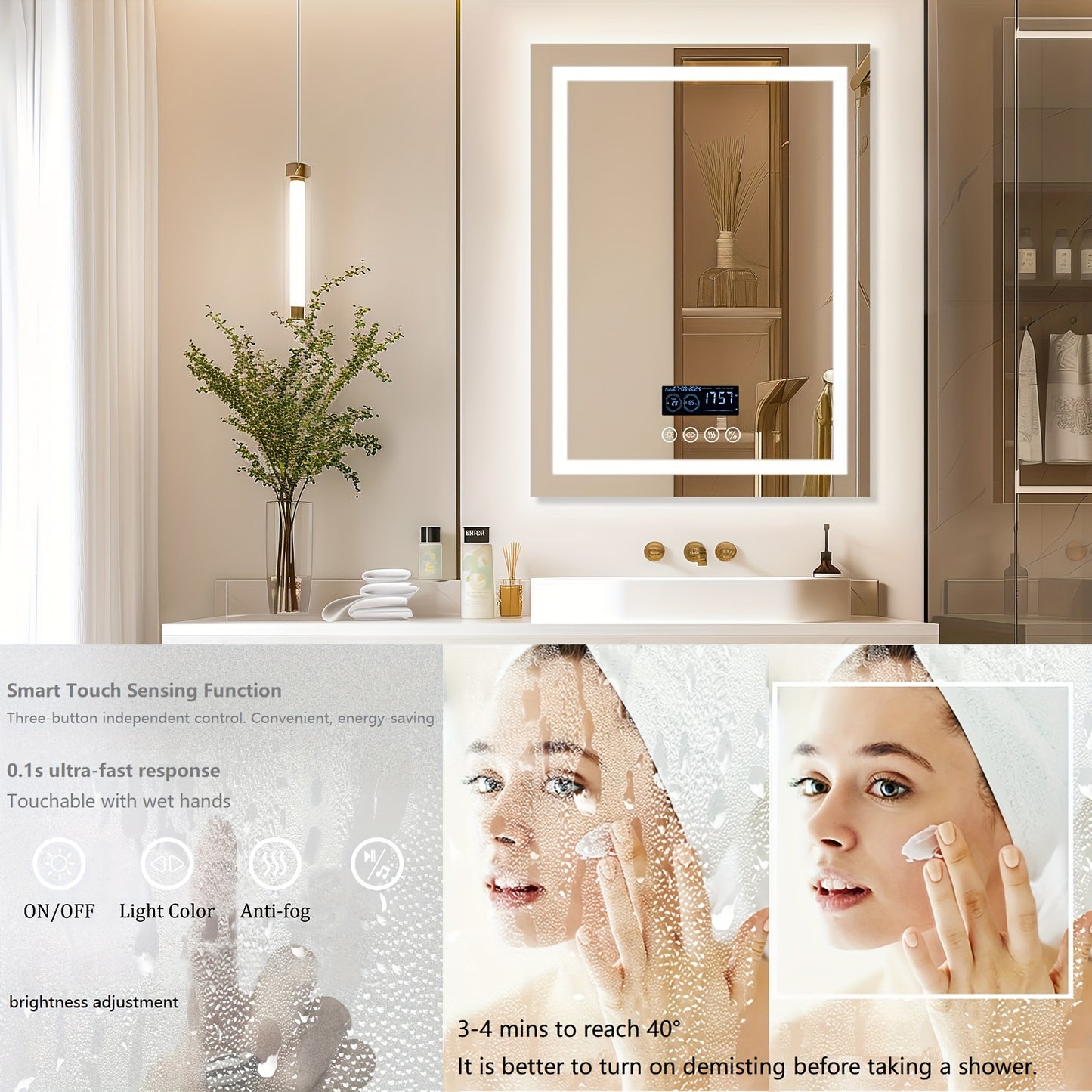 Smart LED Lighted Bathroom Mirror with Dimming and Music Features