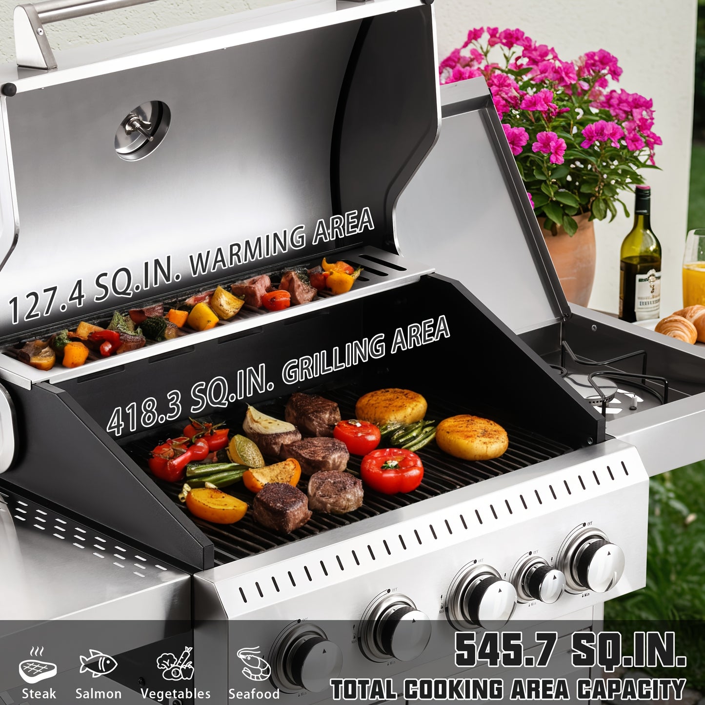 Stainless Steel Propane Gas Grill With Side Burner For Outdoors