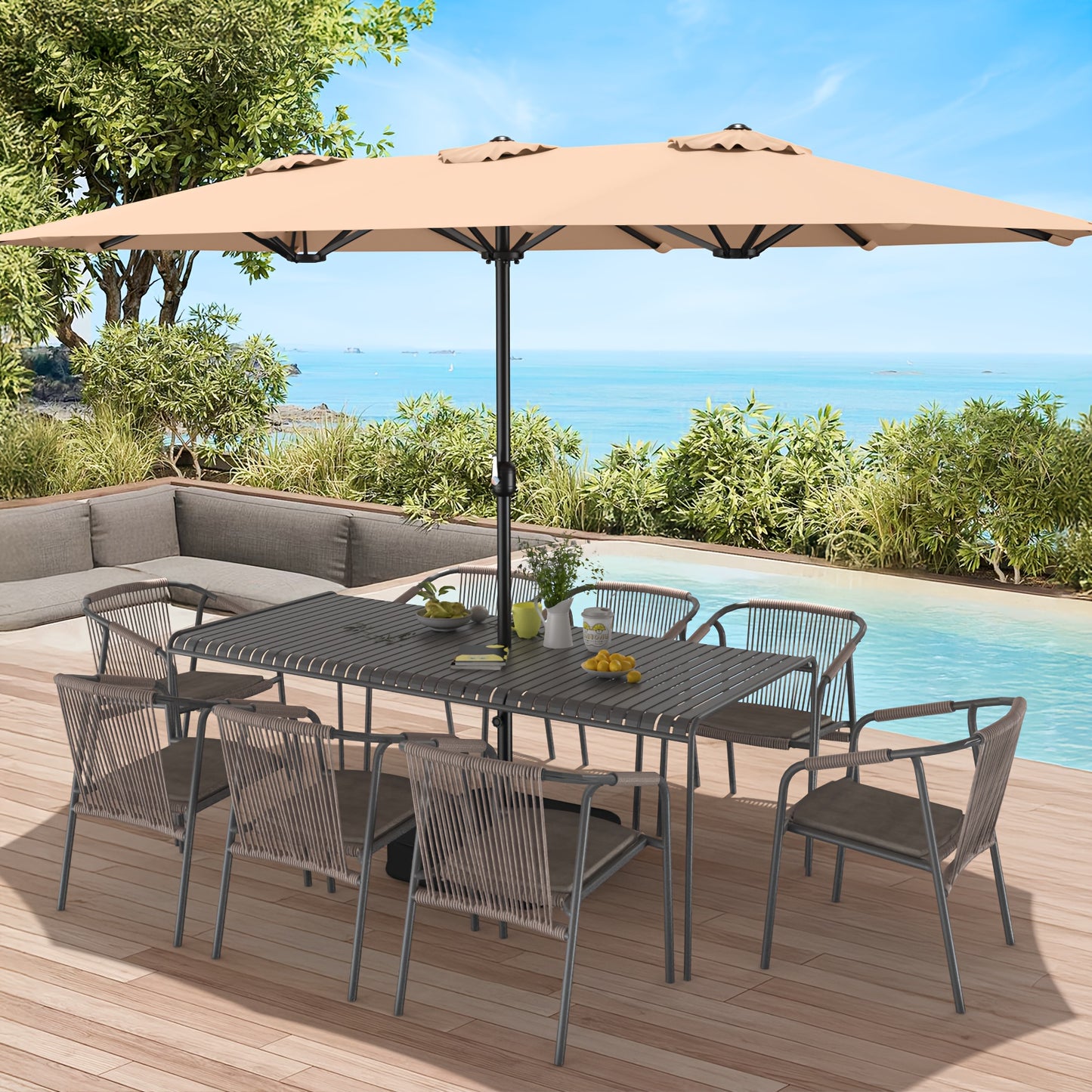 1pc 15ft Patio Umbrella With Base Included, Extra Large Shade Area, Double Sided Rectangle With Crank Handle For Poolside, Garden, Yard, Beige/Blue/Red
