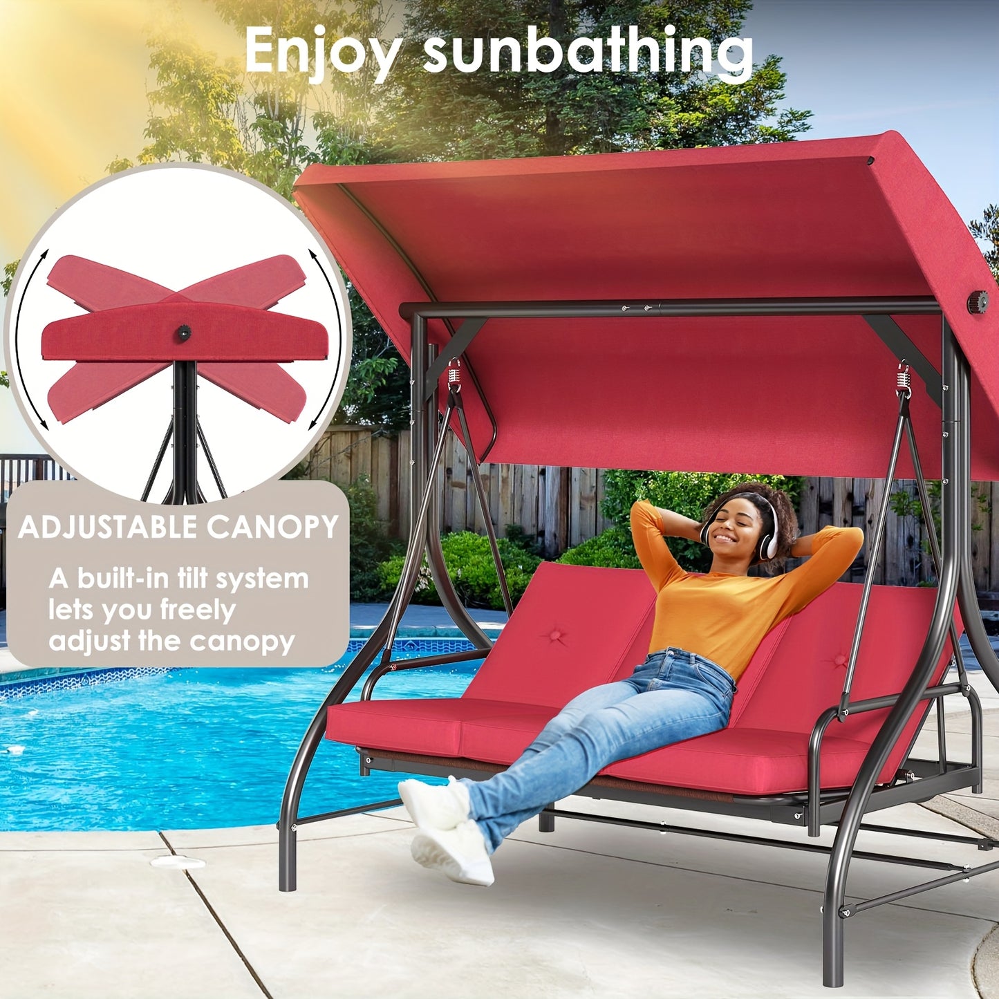 Three-Person Patio Swing Glider with Adjustable Canopy and Cushions