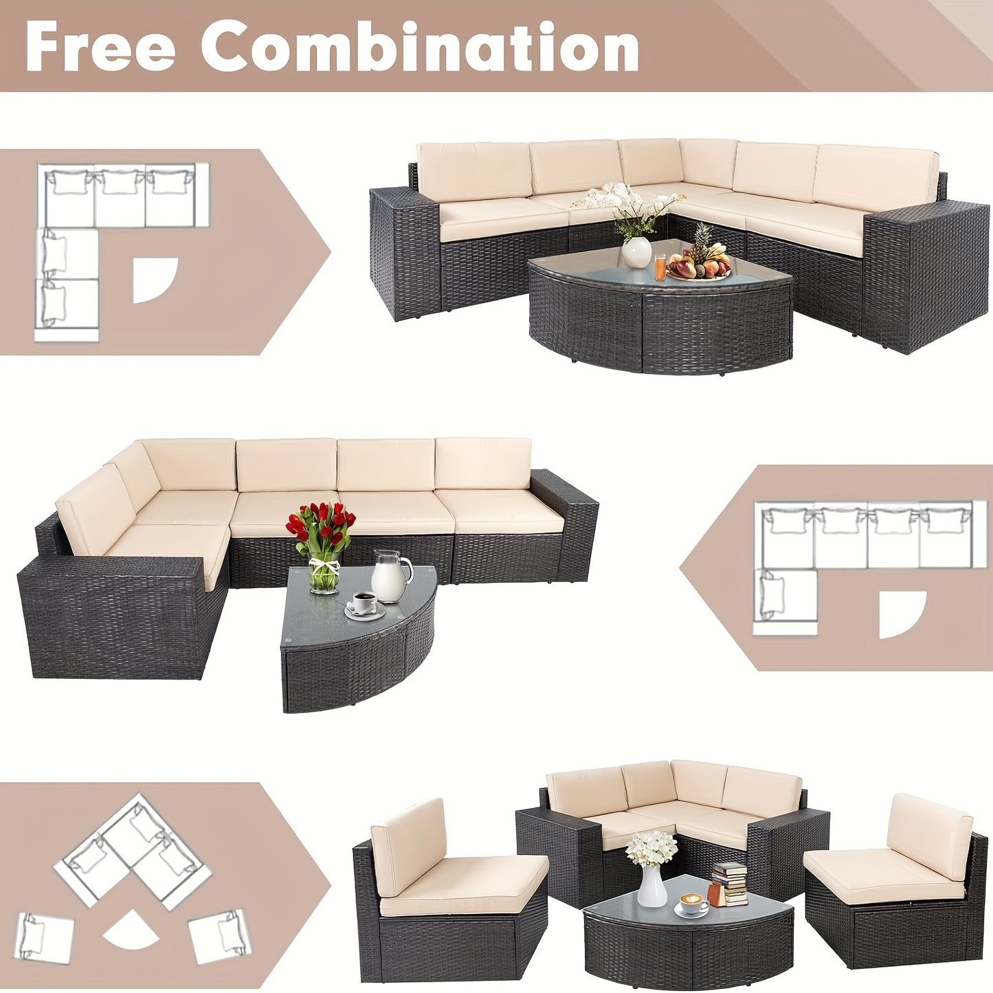 Outdoor Sectional Sofa Set with Cushions and Glass Table