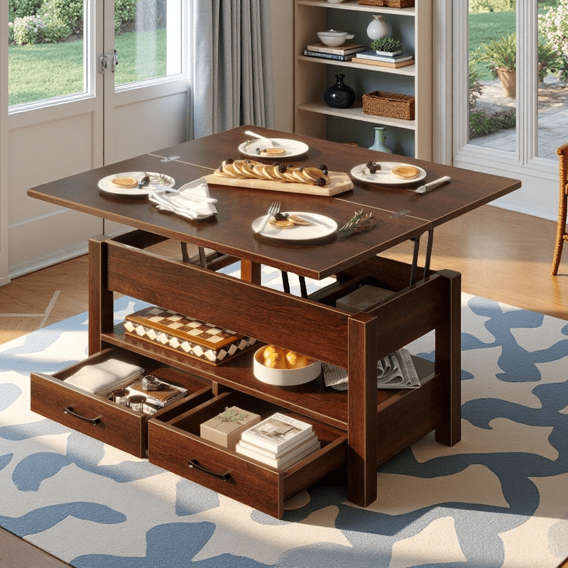 Convertible Lift Top Coffee Table with Hidden Storage and Drawers