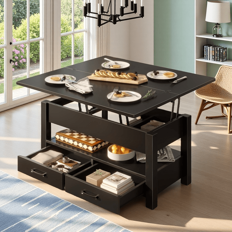 Convertible Lift Top Coffee Table with Hidden Storage and Drawers