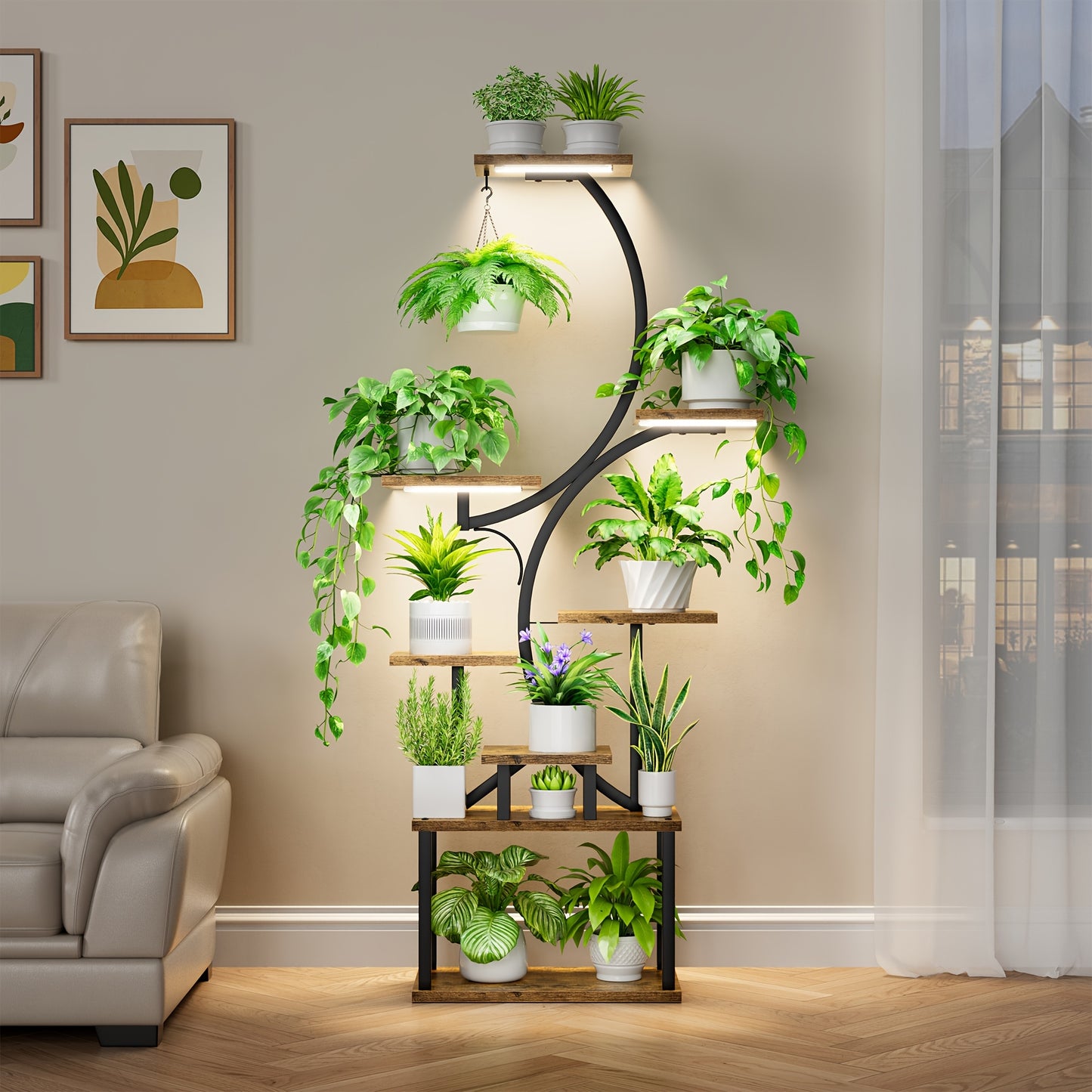 CODACE Indoor Plant Stand with Grow Lights and Tiered Shelves