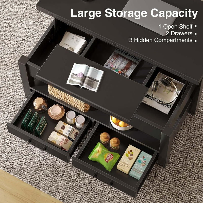 Convertible Lift Top Coffee Table with Hidden Storage and Drawers