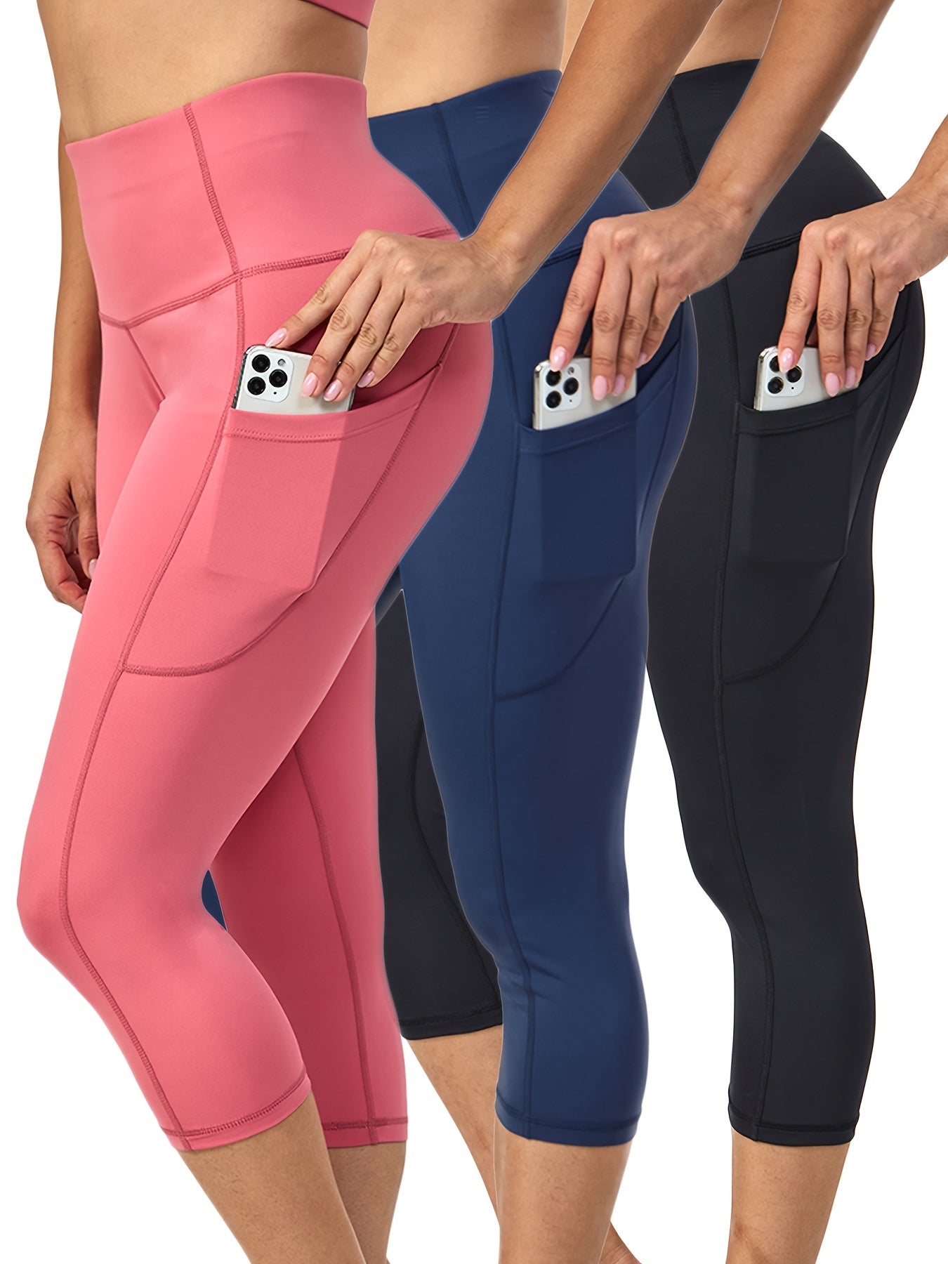 3 Pack Capris High Waist Cropped Yoga Pants With Pockets For Women Tummy Control Workout Leggings Black Gray Pink