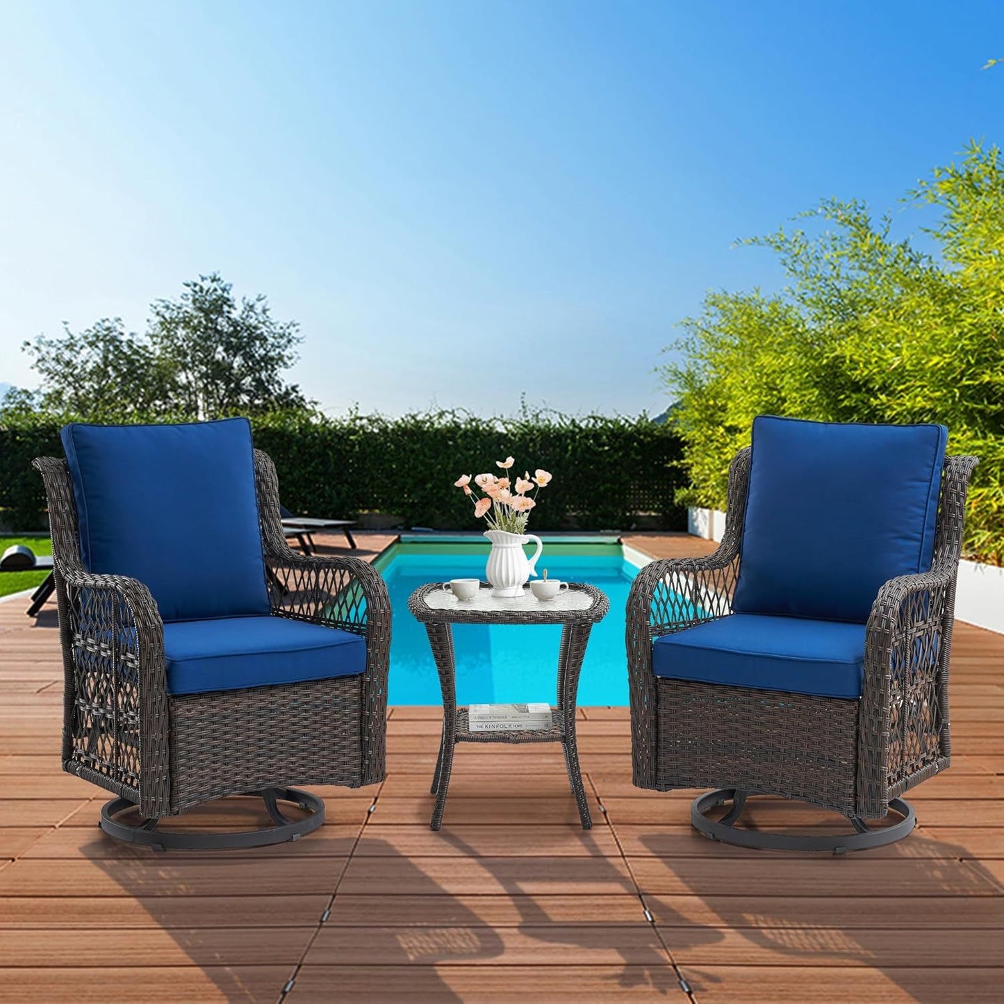 GAOMON Outdoor Swivel Rocker Chair Set with Glass Top Table