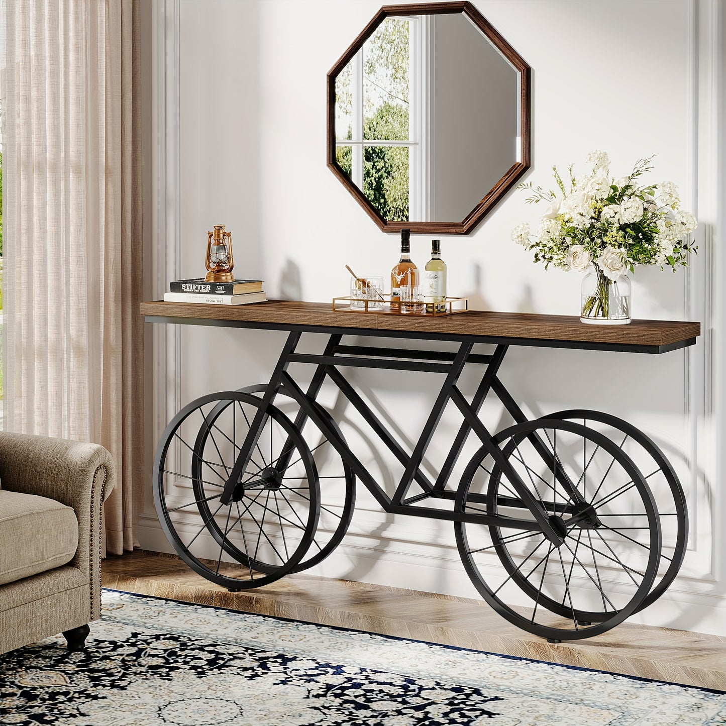 Farmhouse Extra Long Console Table with Bicycle Metal Base