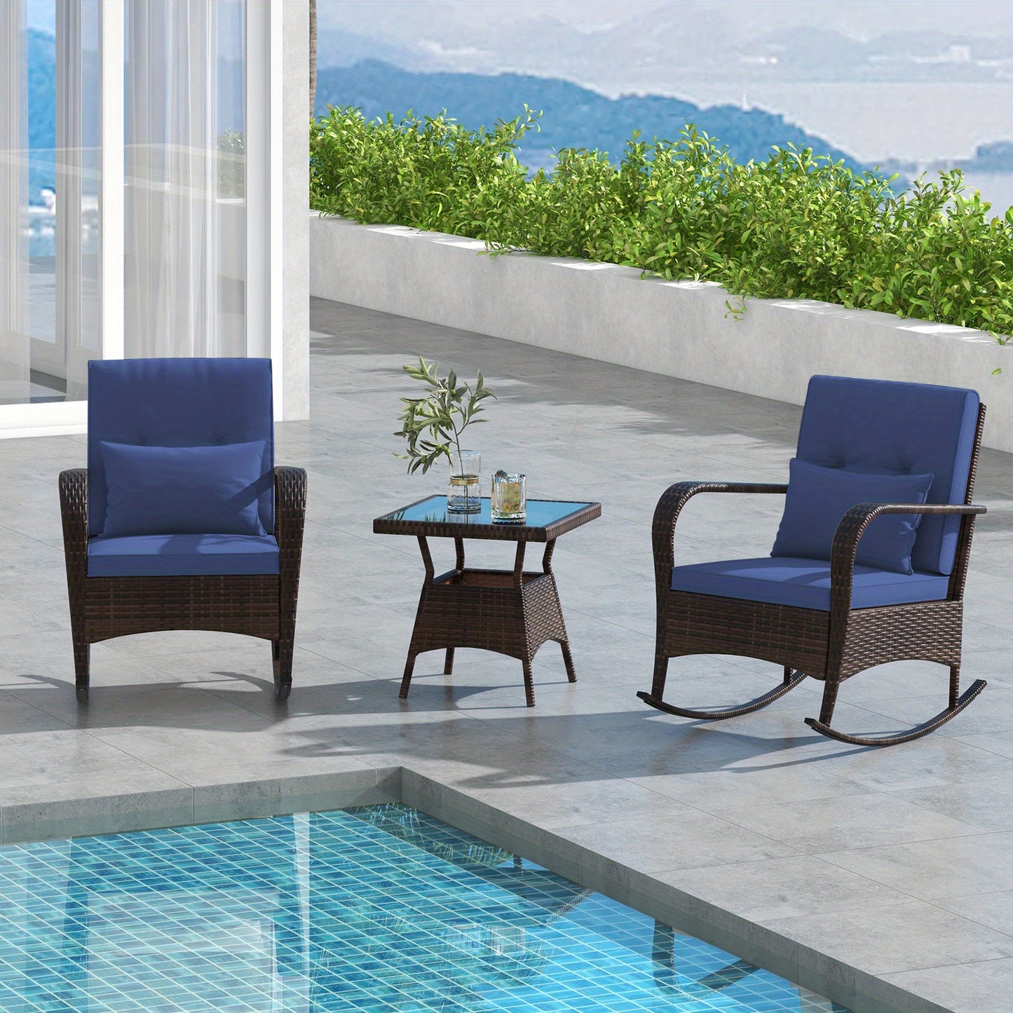 Lifezeal Outdoor Rocking Bistro Set with Cushions and Glass Table