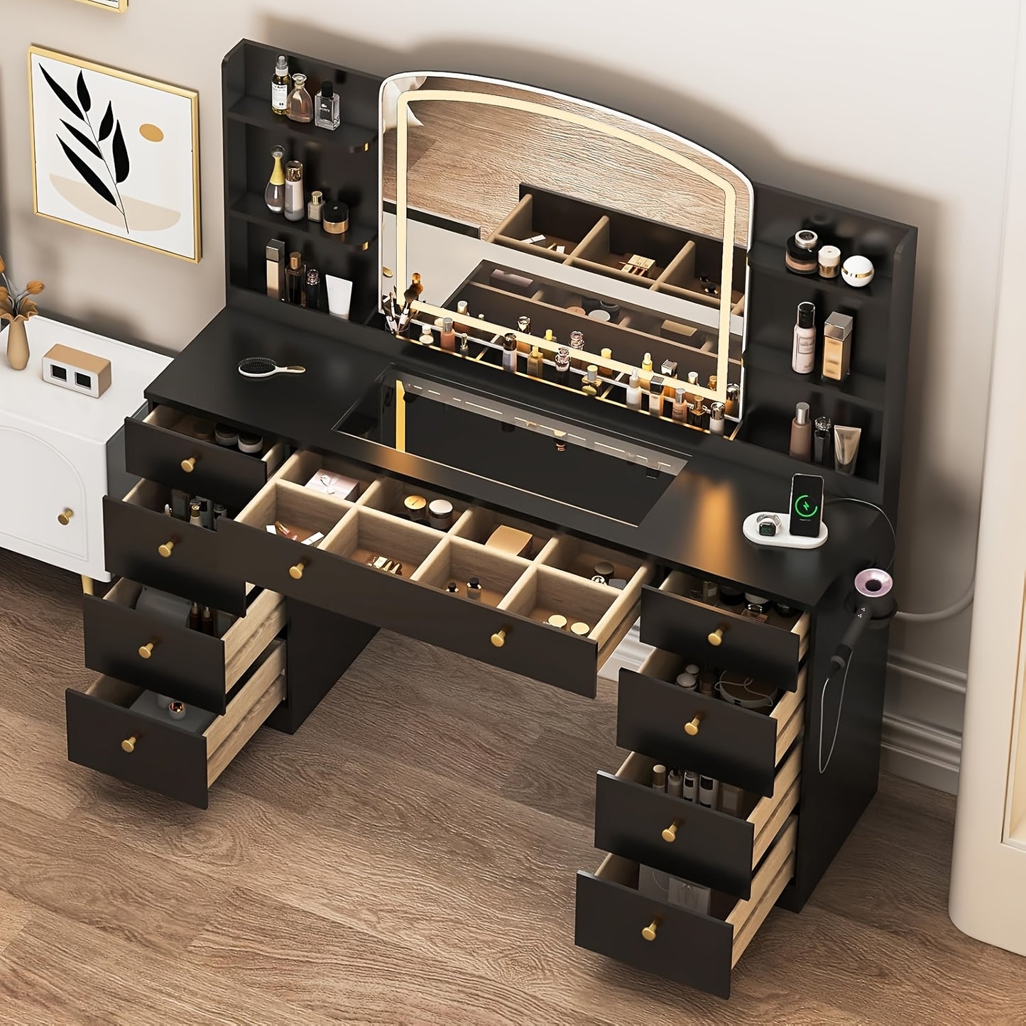Modern Makeup Vanity Desk With LED Mirror And Charging Station