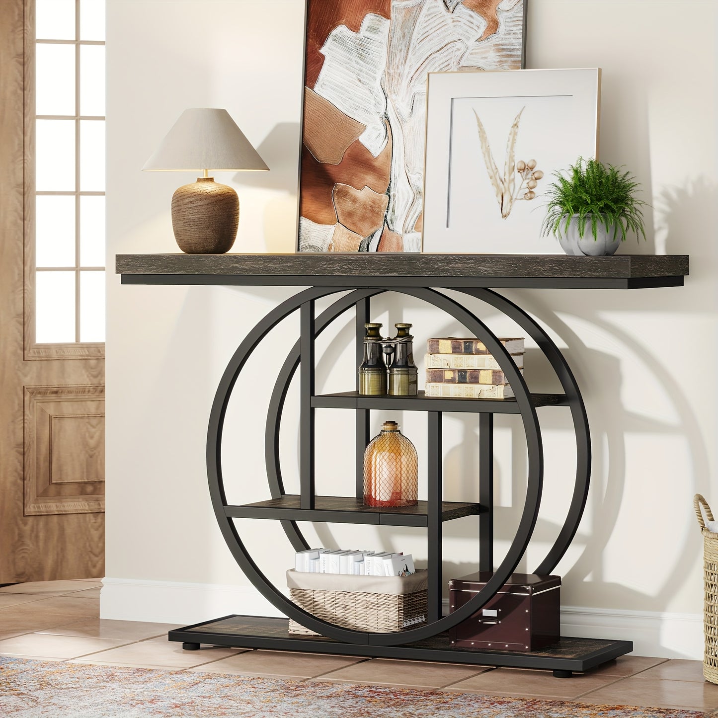 Rustic Industrial Console Table with 4-Tier Storage and Oak Finish