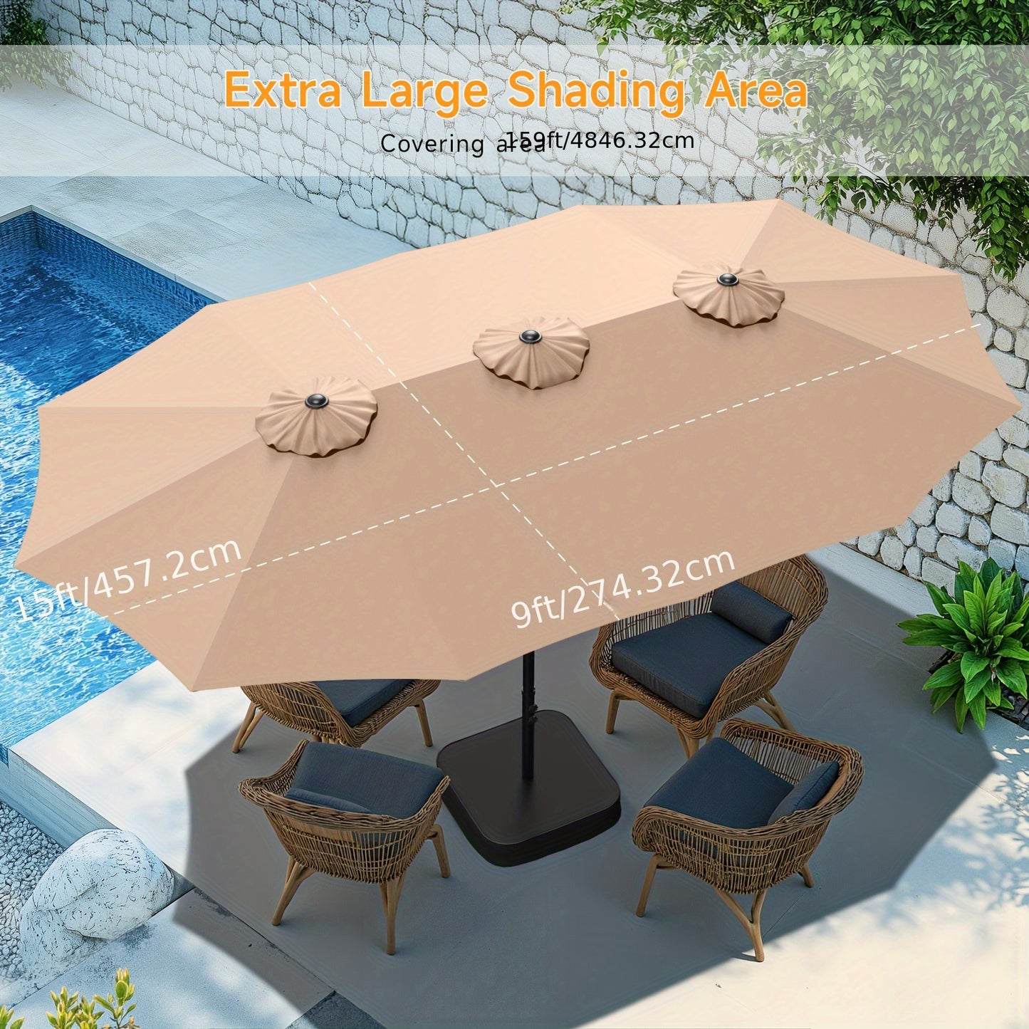 1pc 15ft Patio Umbrella With Base Included, Extra Large Shade Area, Double Sided Rectangle With Crank Handle For Poolside, Garden, Yard, Beige/Blue/Red