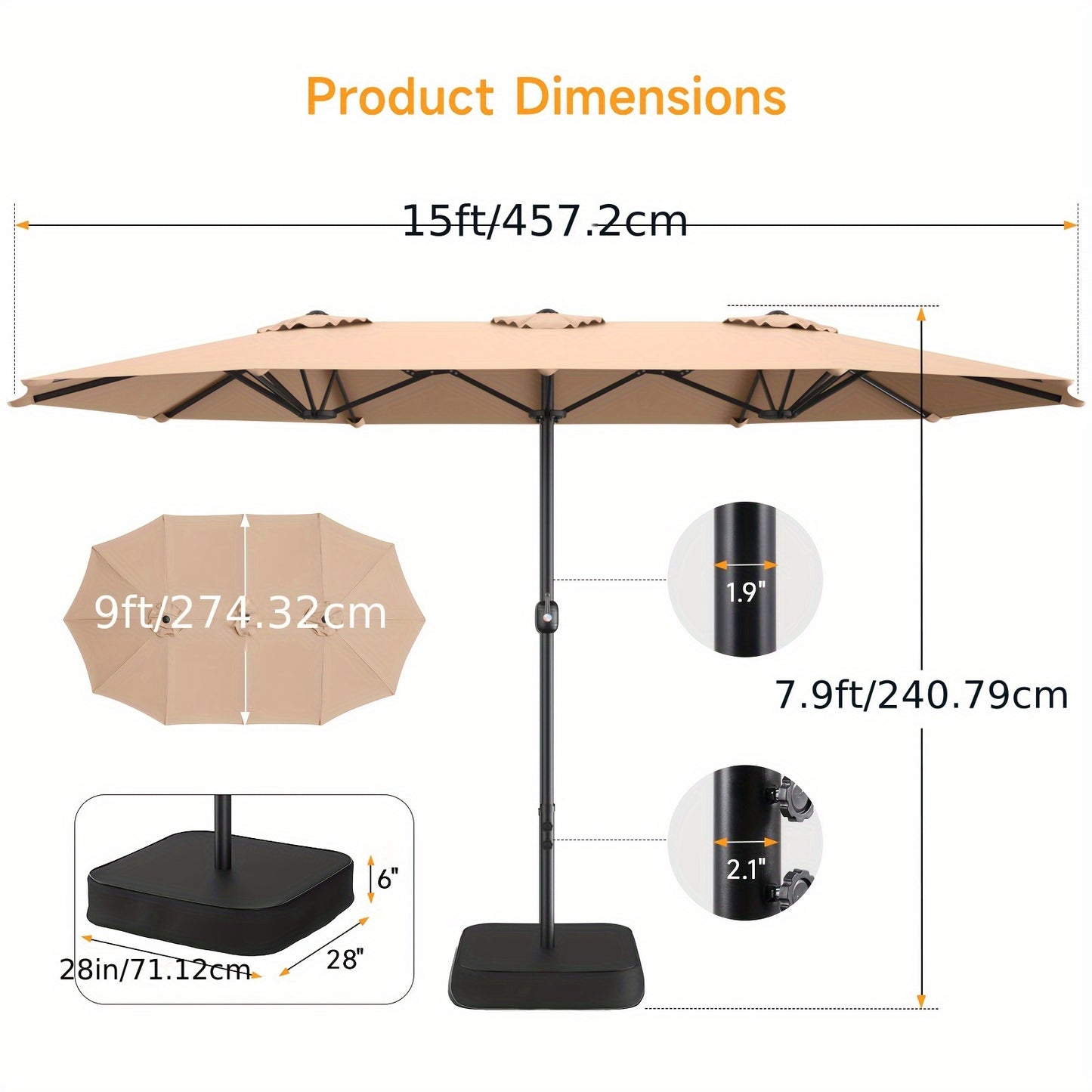 1pc 15ft Patio Umbrella With Base Included, Extra Large Shade Area, Double Sided Rectangle With Crank Handle For Poolside, Garden, Yard, Beige/Blue/Red
