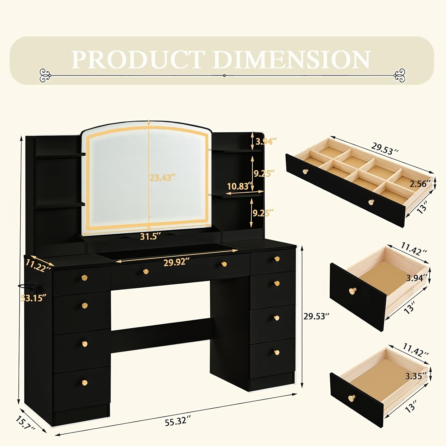 Modern Makeup Vanity Desk With LED Mirror And Charging Station