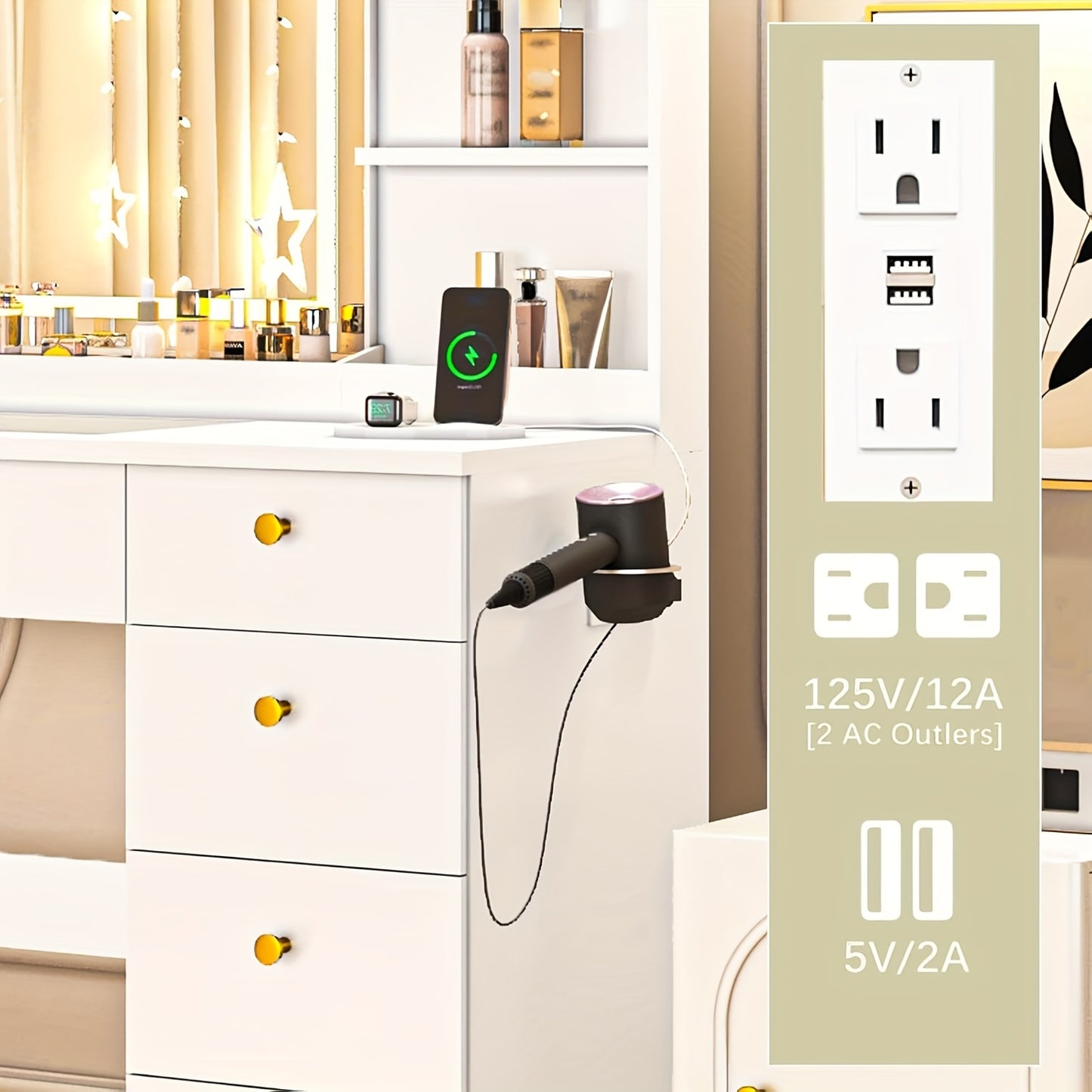 Modern Makeup Vanity Desk With LED Mirror And Charging Station