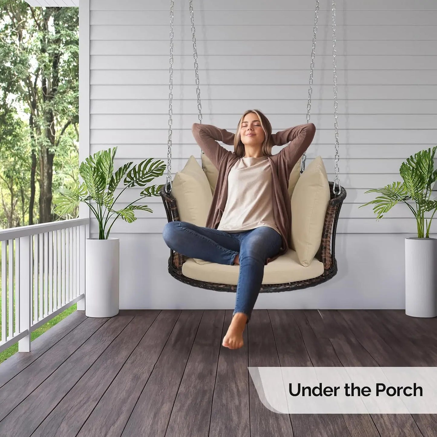 Rattan Porch Swing With Cushions And Adjustable Chains