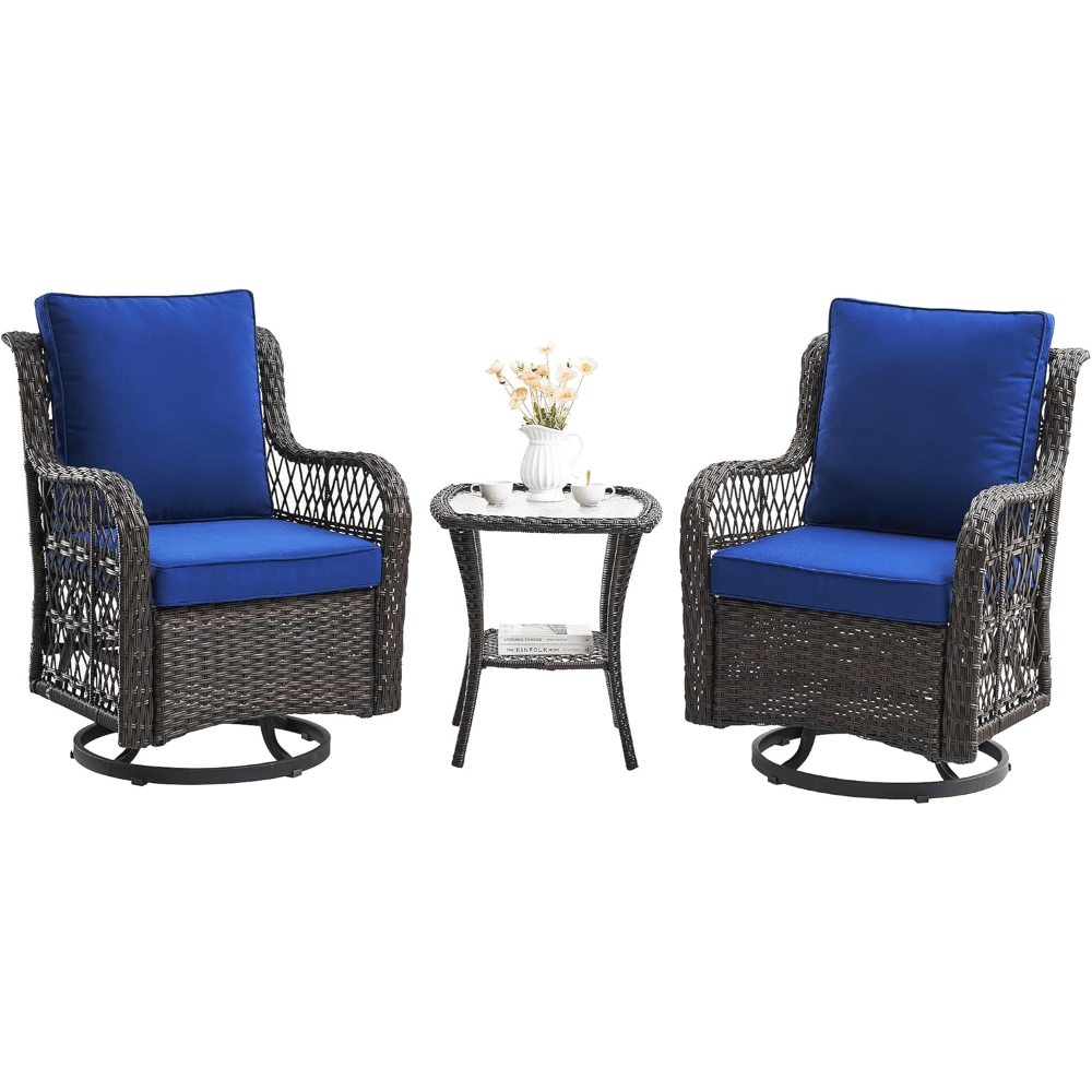 GAOMON Outdoor Swivel Rocker Chair Set with Glass Top Table