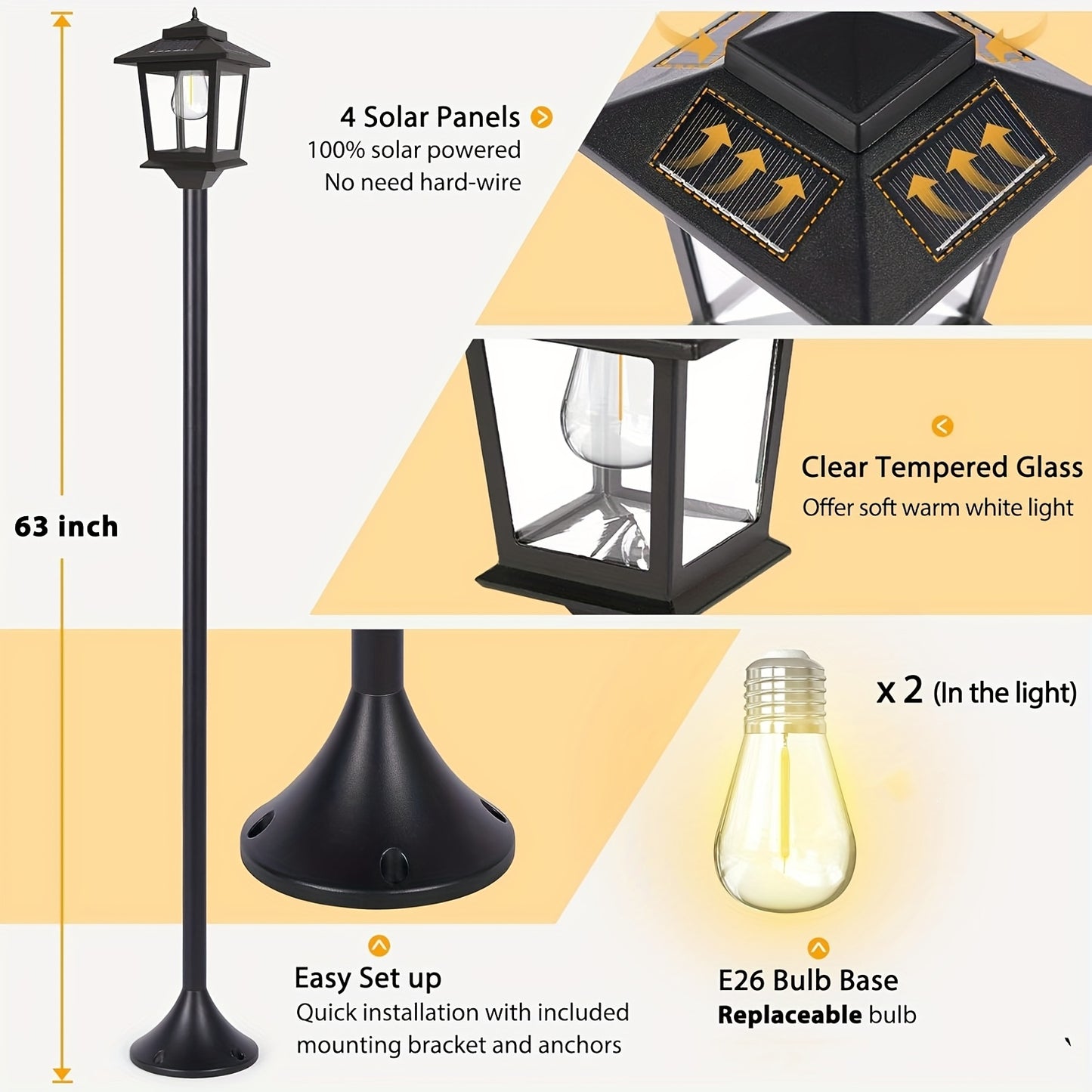 Solar Powered Aluminum Lamp Post Light for Outdoor Decor