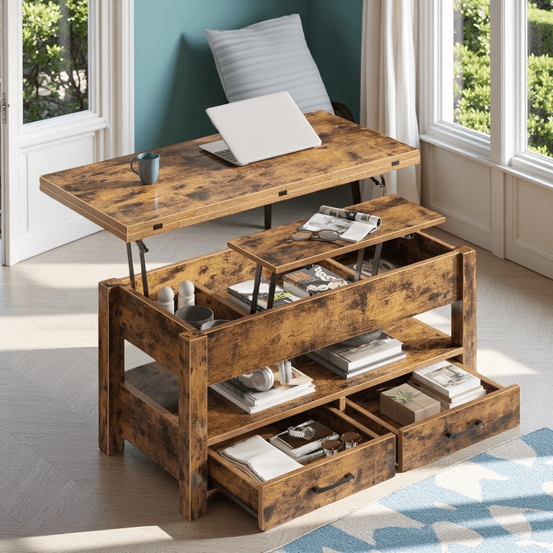 Convertible Lift Top Coffee Table with Hidden Storage and Drawers