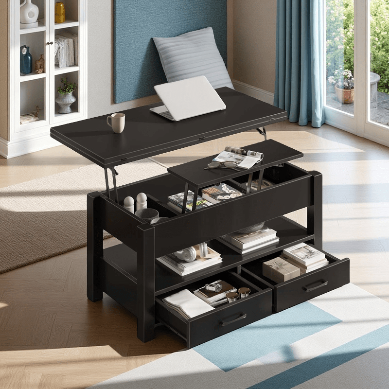 Convertible Lift Top Coffee Table with Hidden Storage and Drawers