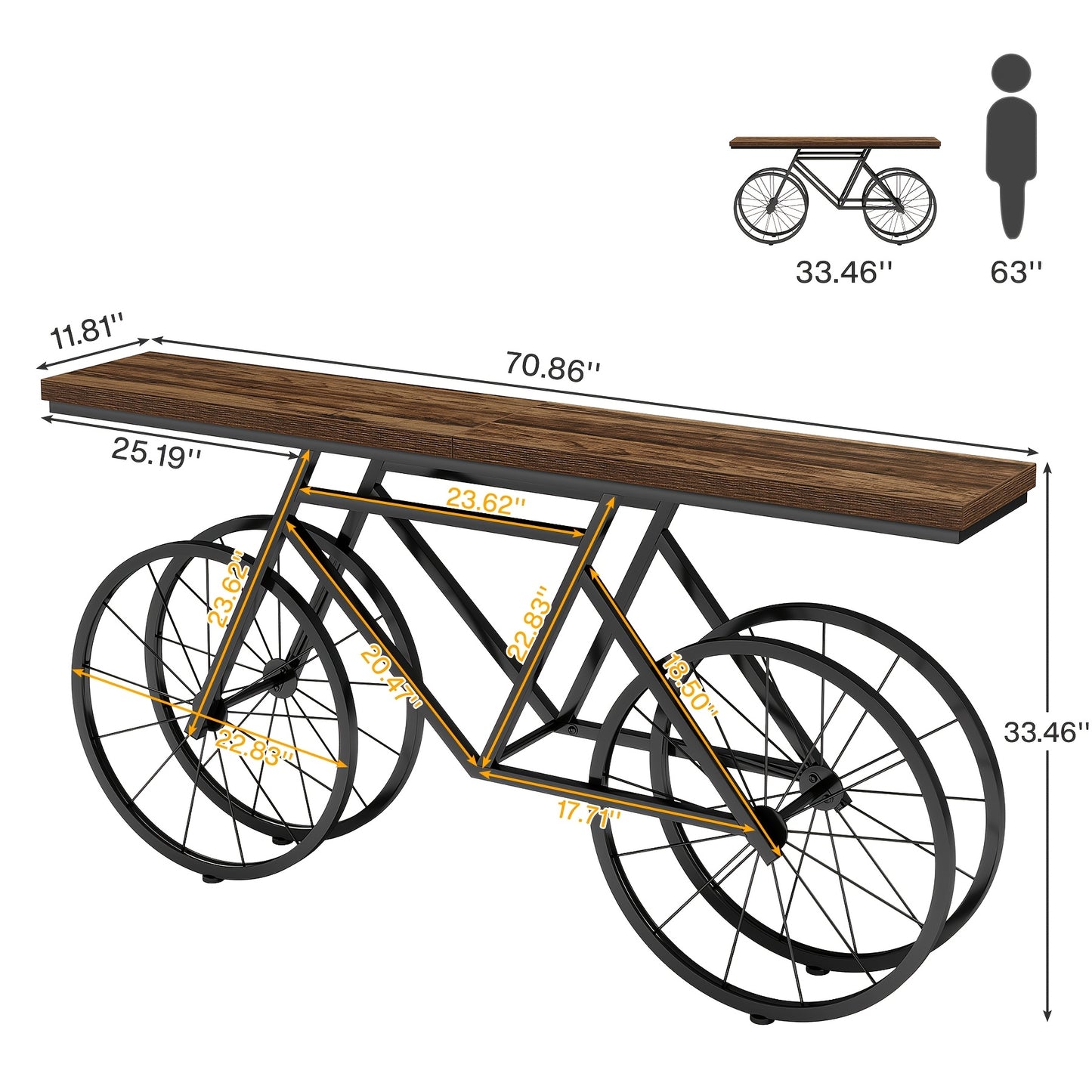 Farmhouse Extra Long Console Table with Bicycle Metal Base