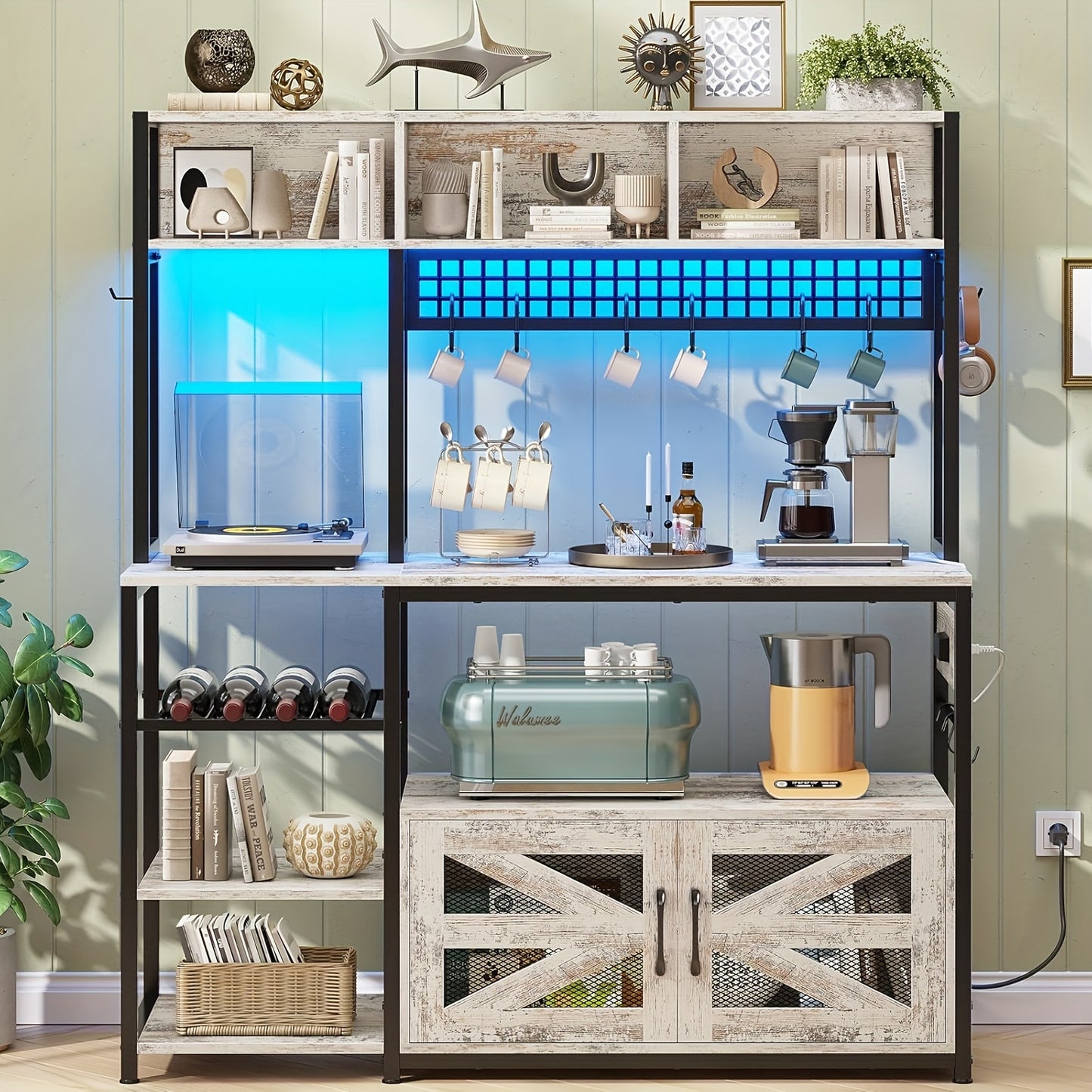 Farmhouse Kitchen Storage Rack with Wine Shelf and Hooks