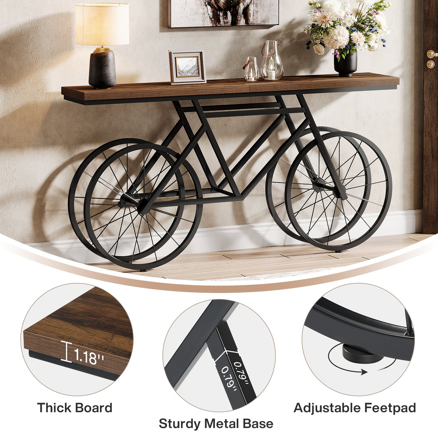 Farmhouse Extra Long Console Table with Bicycle Metal Base