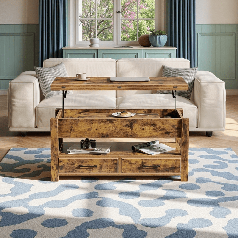 Convertible Lift Top Coffee Table with Hidden Storage and Drawers