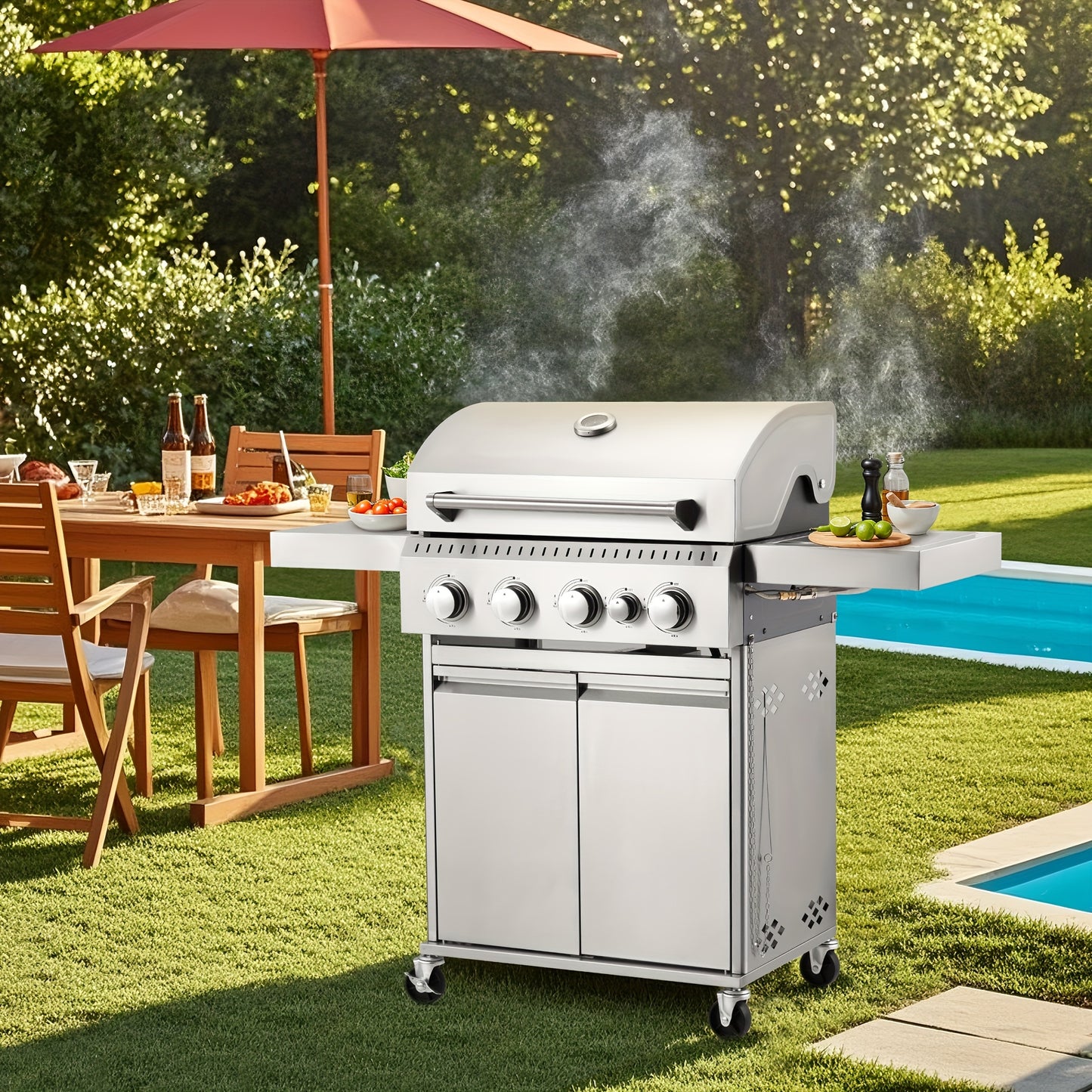 Stainless Steel Propane Gas Grill With Side Burner For Outdoors