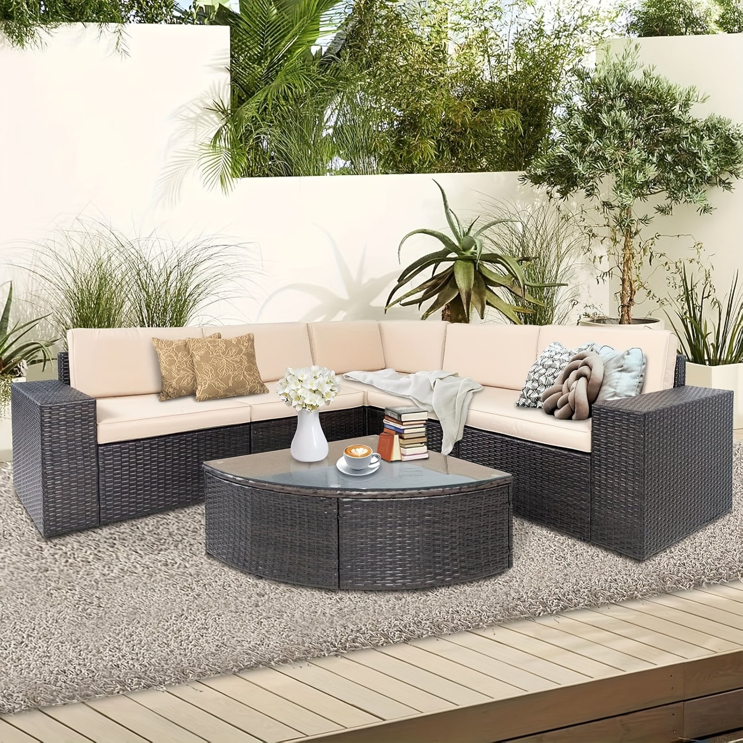 Outdoor Sectional Sofa Set with Cushions and Glass Table
