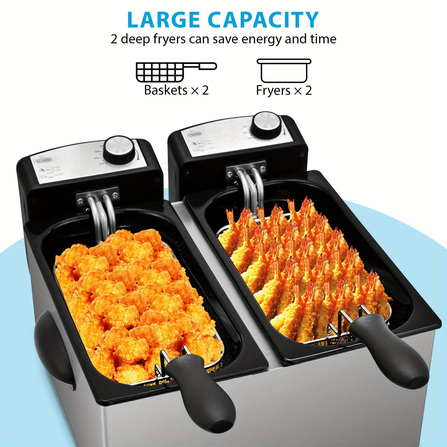 Dual Basket Deep Fryer with Adjustable Temperature and Timer