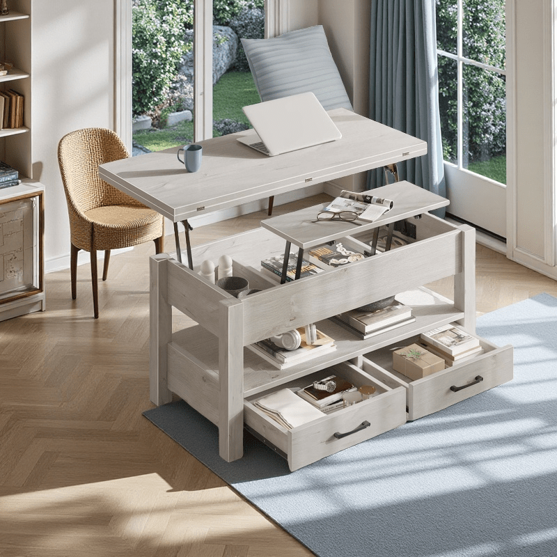 Convertible Lift Top Coffee Table with Hidden Storage and Drawers