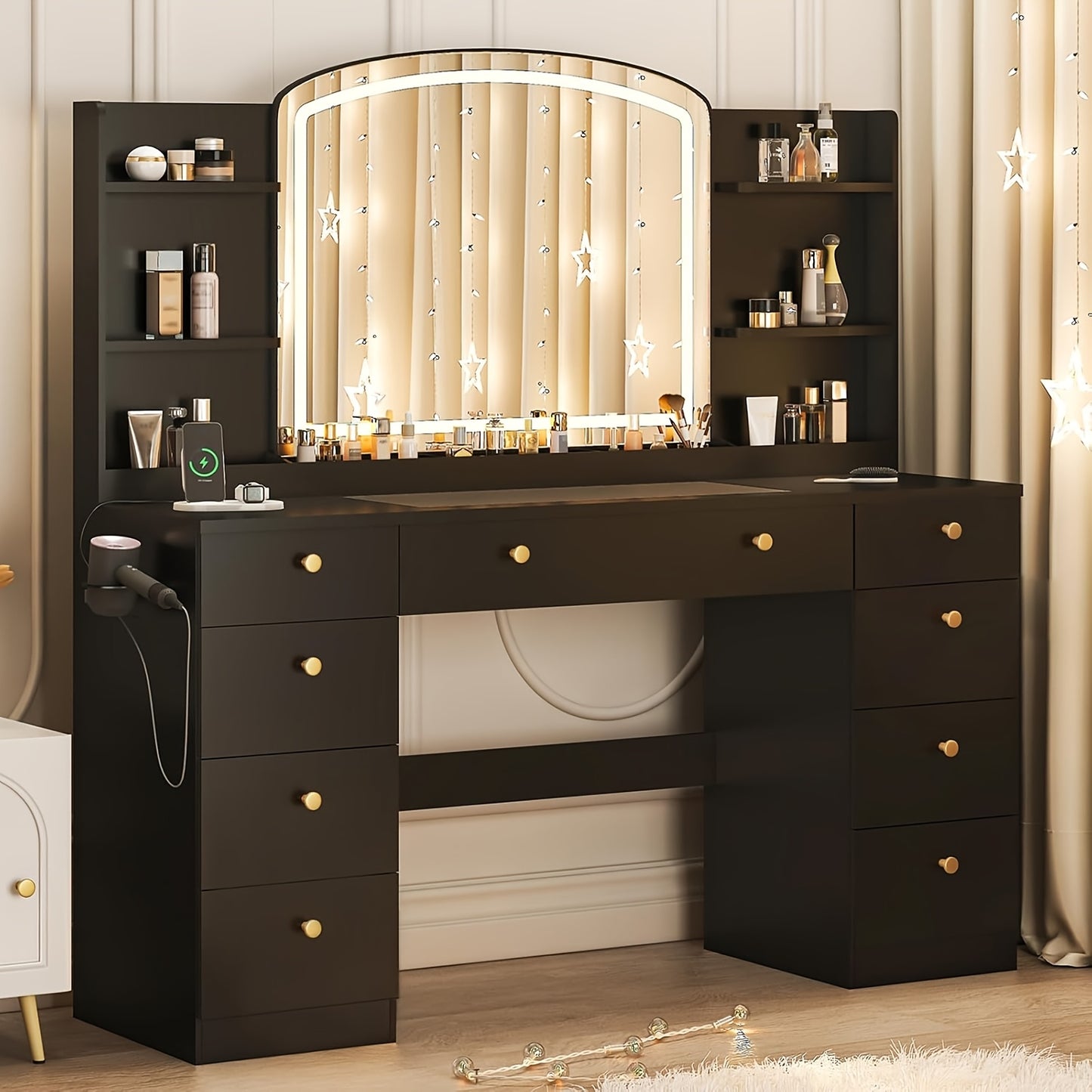 Modern Makeup Vanity Desk With LED Mirror And Charging Station