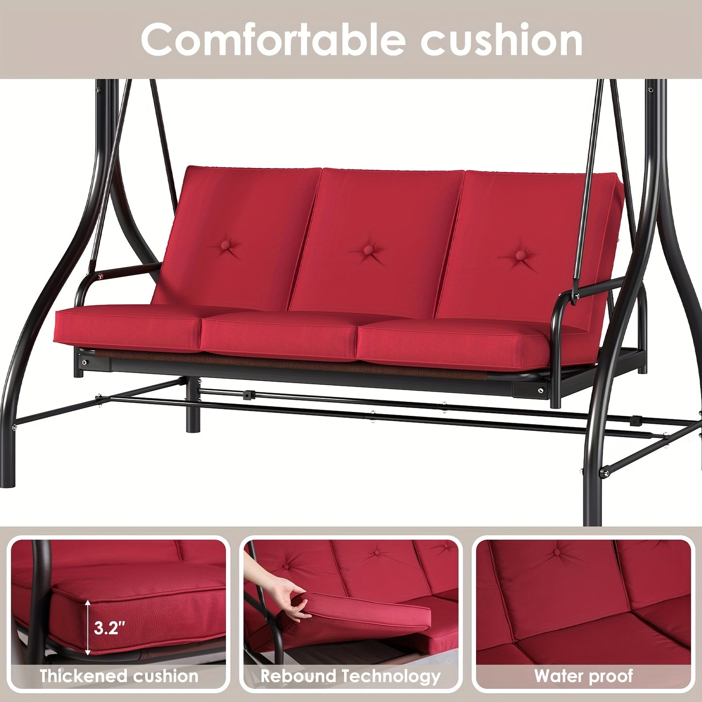 Three-Person Patio Swing Glider with Adjustable Canopy and Cushions