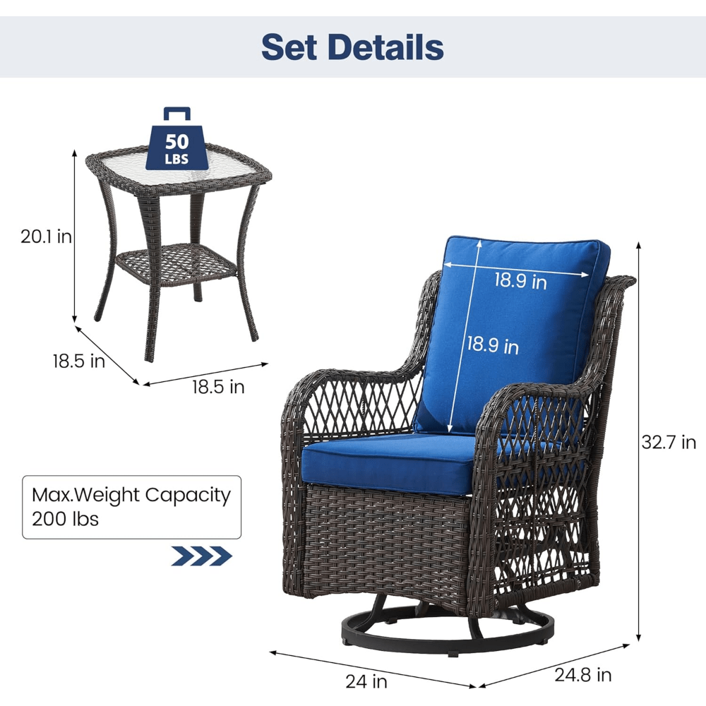 GAOMON Outdoor Swivel Rocker Chair Set with Glass Top Table