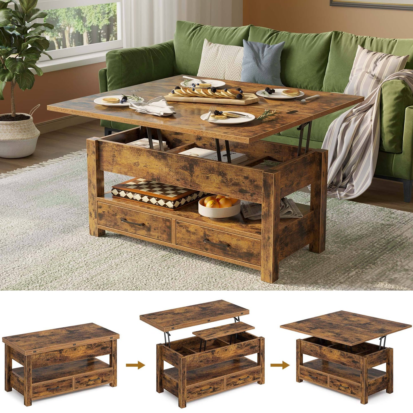 Convertible Lift Top Coffee Table with Hidden Storage and Drawers