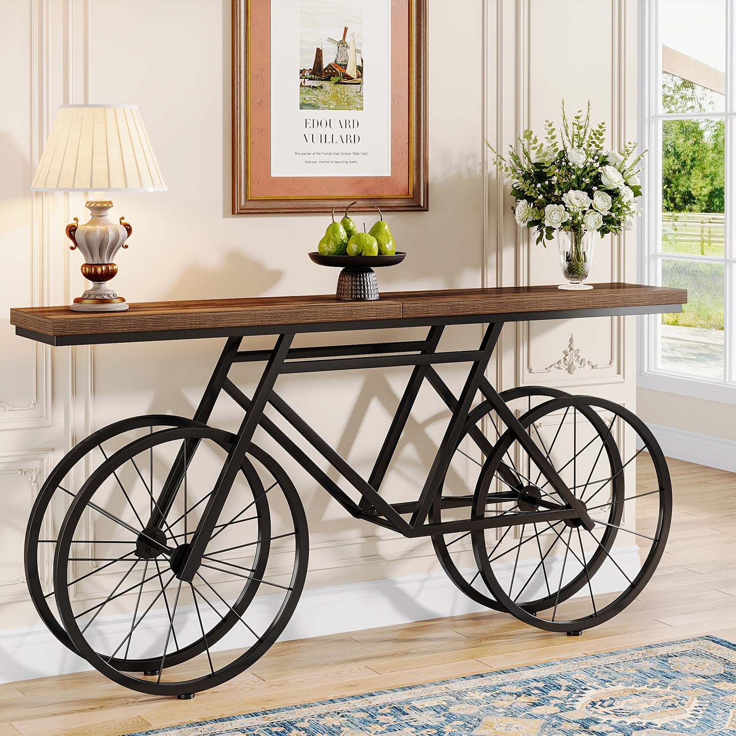 Farmhouse Extra Long Console Table with Bicycle Metal Base