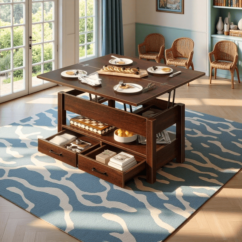 Convertible Lift Top Coffee Table with Hidden Storage and Drawers