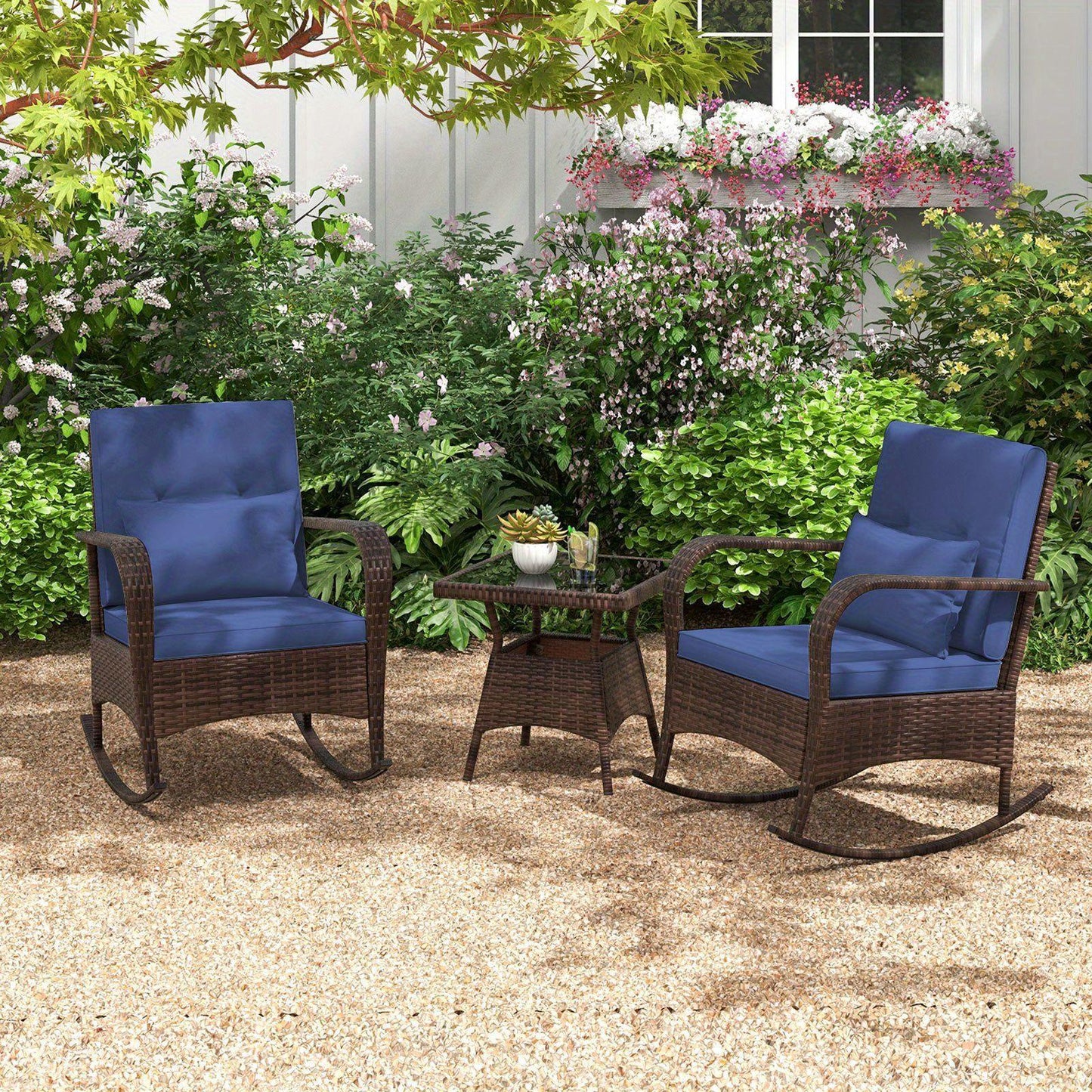 Lifezeal Outdoor Rocking Bistro Set with Cushions and Glass Table