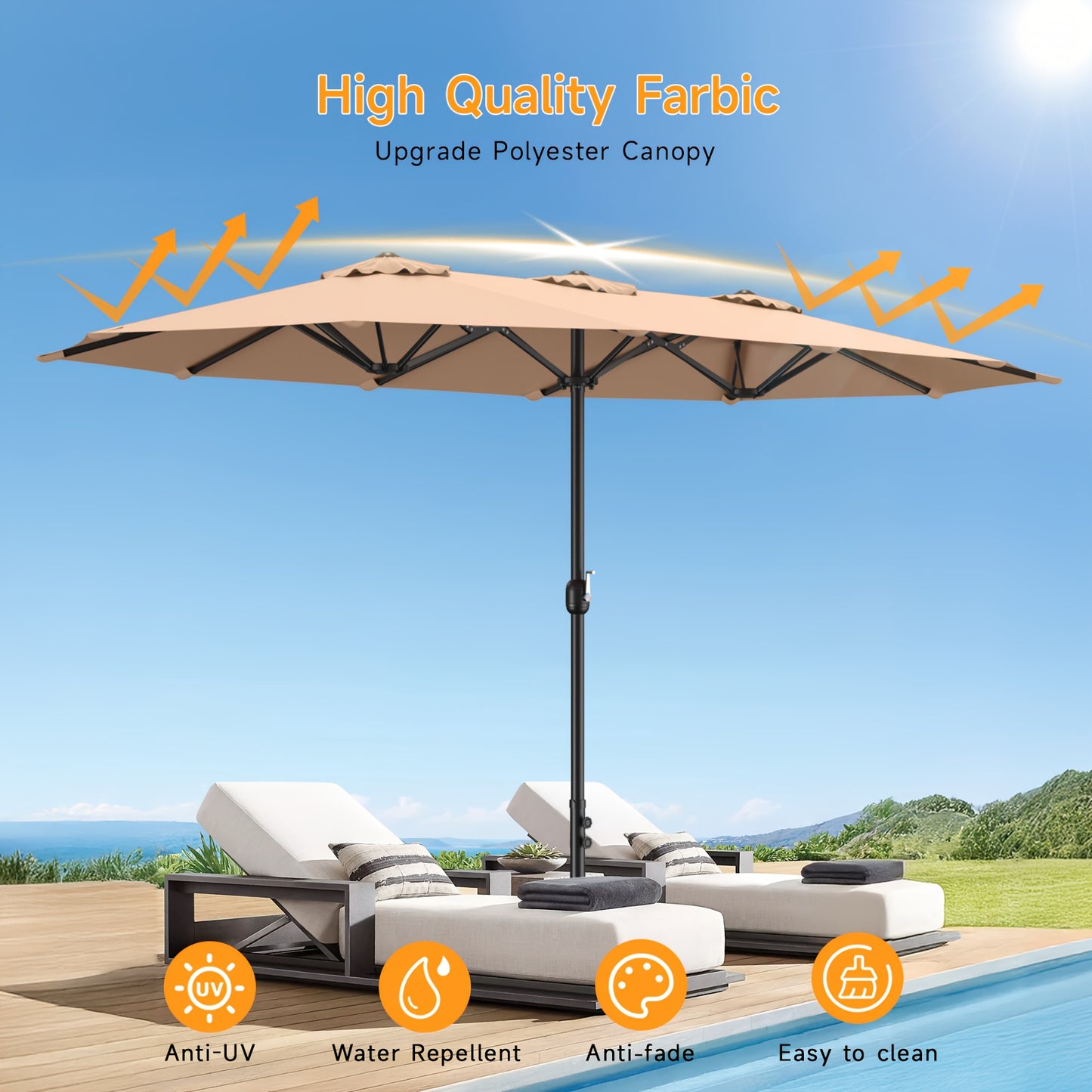 1pc 15ft Patio Umbrella With Base Included, Extra Large Shade Area, Double Sided Rectangle With Crank Handle For Poolside, Garden, Yard, Beige/Blue/Red