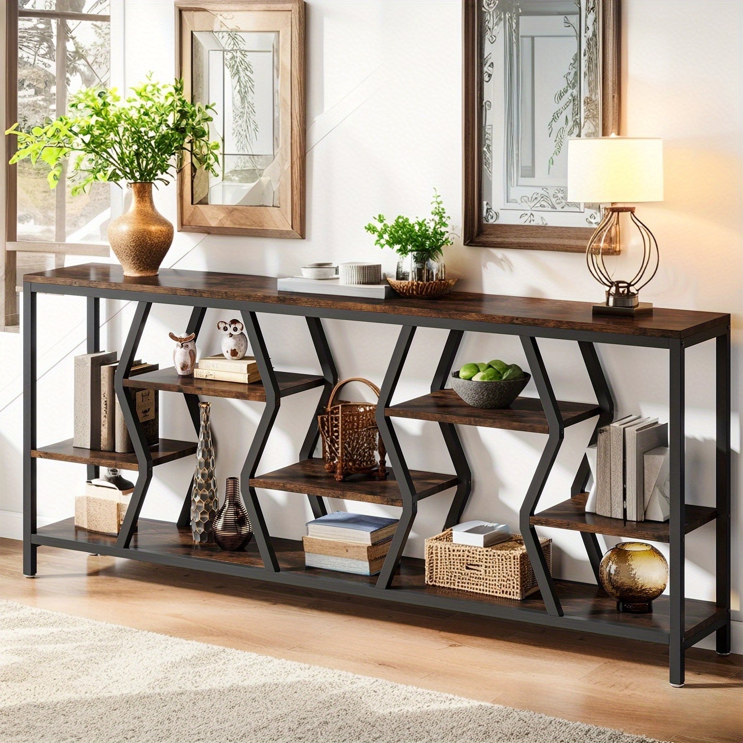 Modern Rustic Sofa Console Table with 4 Tier Wood Shelves