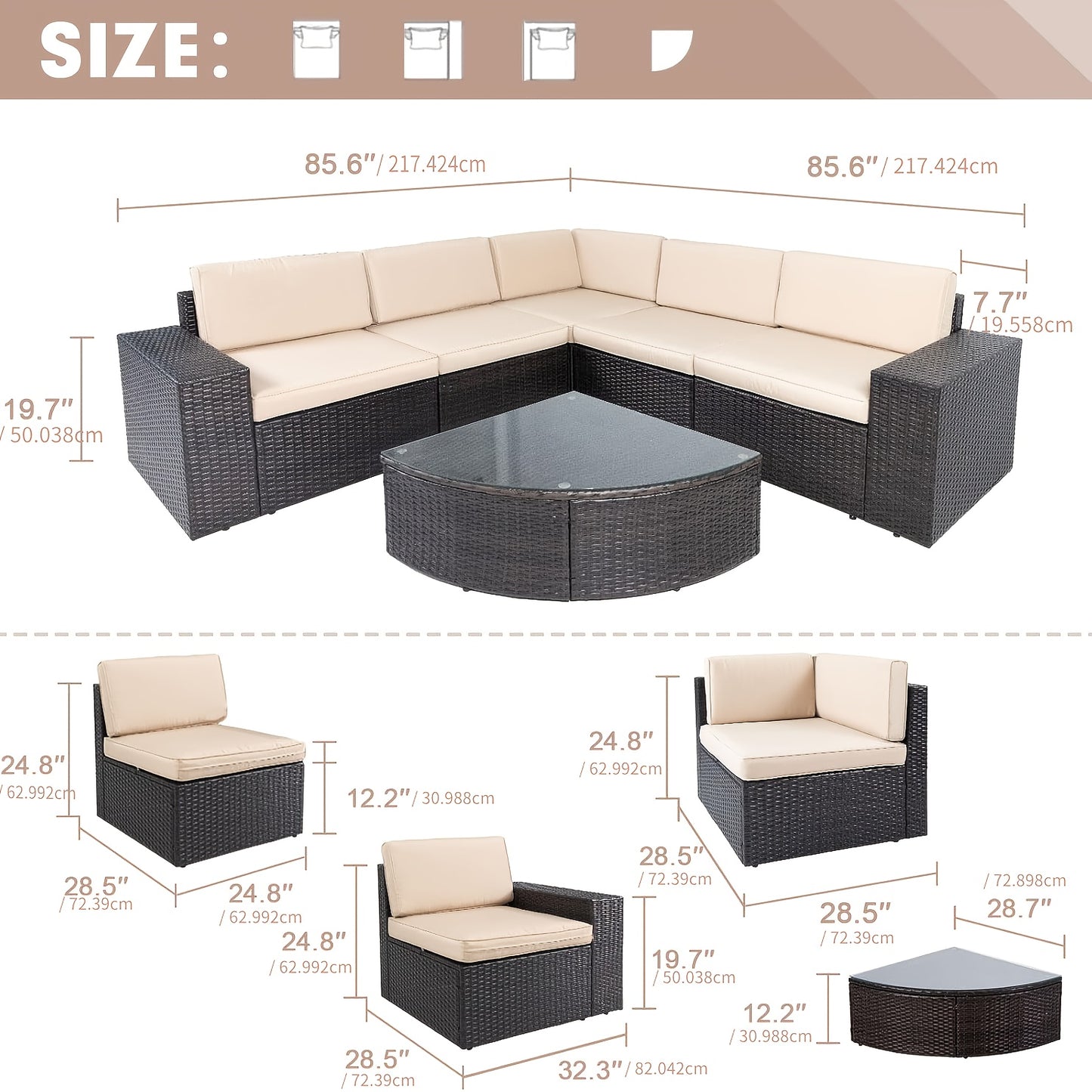 Outdoor Sectional Sofa Set with Cushions and Glass Table