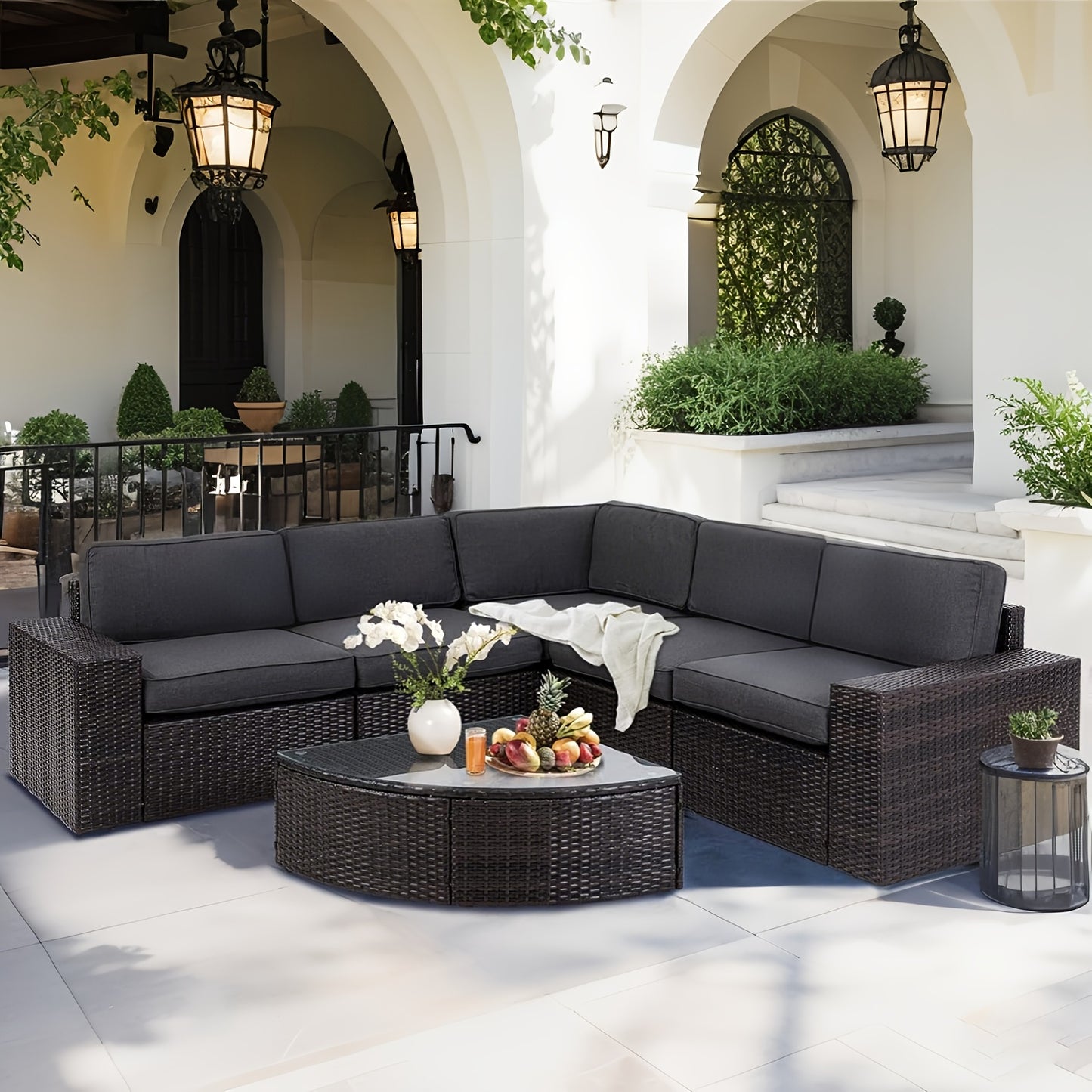 Outdoor Sectional Sofa Set with Cushions and Glass Table