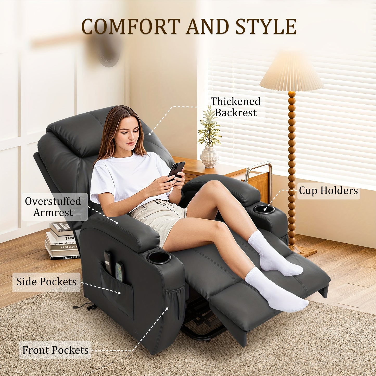 Black Power Lift Recliner Chair with Massage and Heat Function