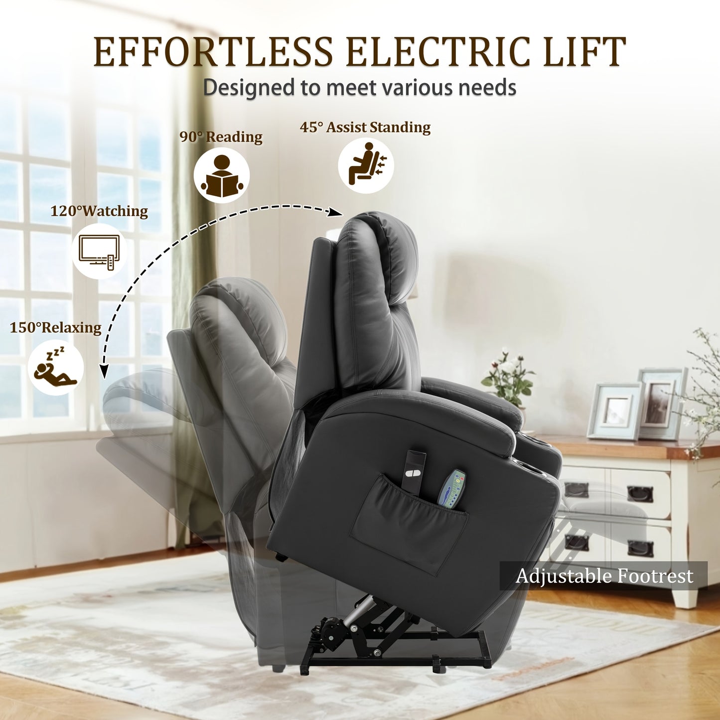 Black Power Lift Recliner Chair with Massage and Heat Function
