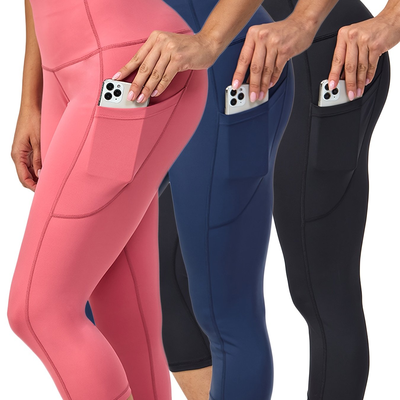3 Pack Capris High Waist Cropped Yoga Pants With Pockets For Women Tummy Control Workout Leggings Black Gray Pink