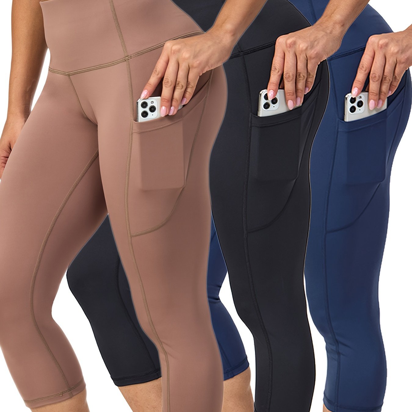 3 Pack Capris High Waist Cropped Yoga Pants With Pockets For Women Tummy Control Workout Leggings Black Gray Pink