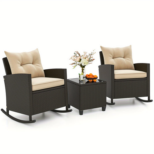 Homasis Outdoor Wicker Rocking Chair Set with Glass Table