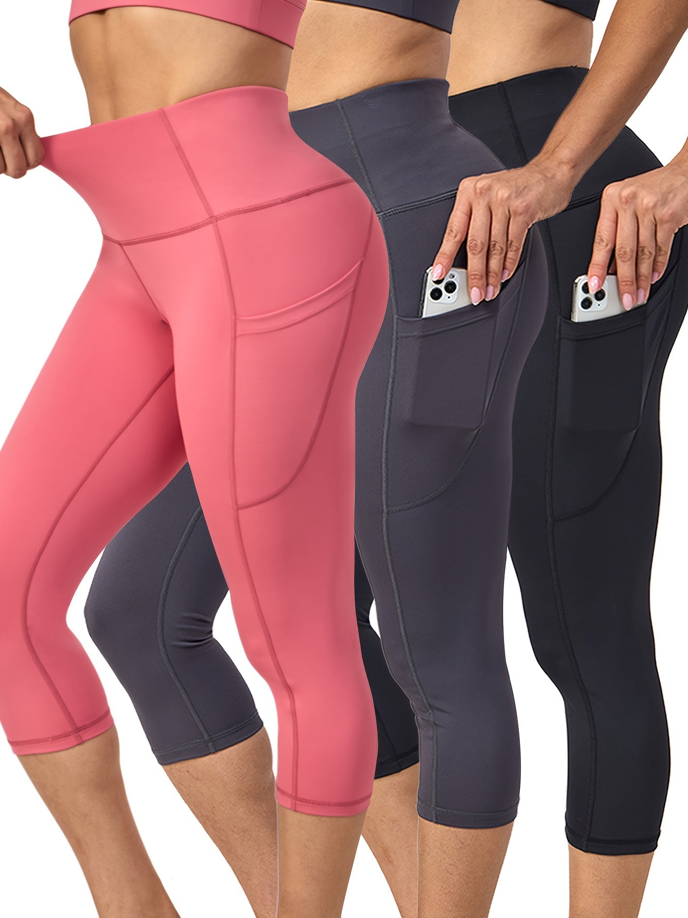3 Pack Capris High Waist Cropped Yoga Pants With Pockets For Women Tummy Control Workout Leggings Black Gray Pink